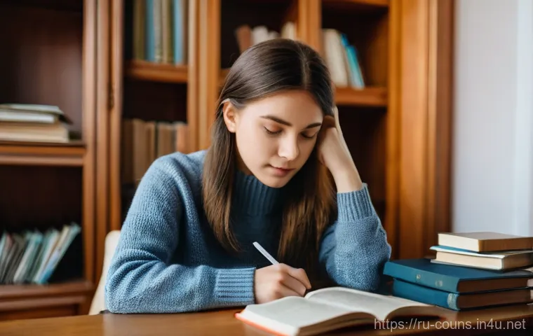상담심리사 자격증 시험 후기 - **Prompt:** A young, focused Russian woman, in her late 20s, sits at a well-organized wooden desk in...