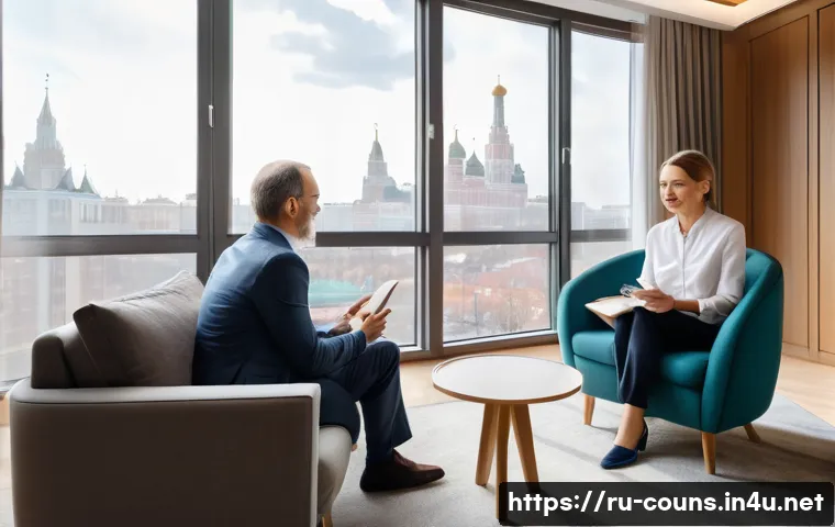 상담심리사와 관련된 최신 블로그 - A warm and inviting therapy room set in a modern Moscow apartment, with a professional female psycho...