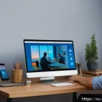Home 19 상담심리사 관련 최신 연구 동향 - A professional psychologist conducting an online counseling session via video conference on a sleek,...